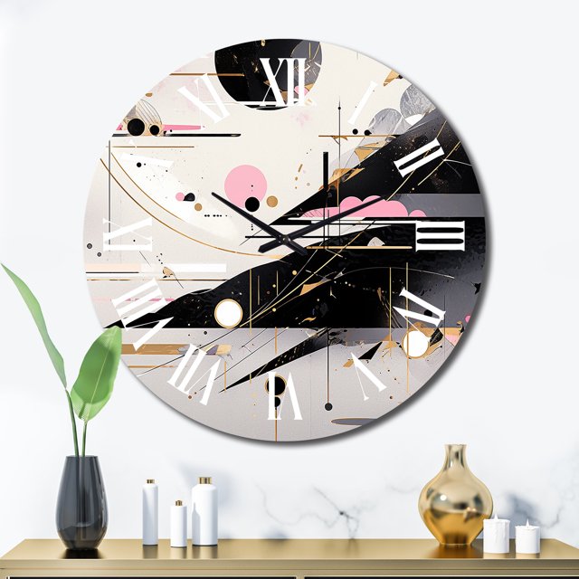 Designart "Bold Stripes Pink Black Fusion" Cubism Oversized Wall Clock