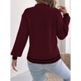 thumbnail image 5 of Women Vintage Knit V-Neck Hollow Contrast Stripe Lantern Long Sleeve Loose Knit Pullover Sweater Wine Red S, 5 of 10