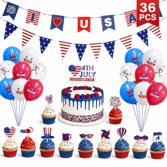 4th of July Party Supplies Kit, Red White Blue Patriotic Decorations with Banner Cake Cupcake Toppers