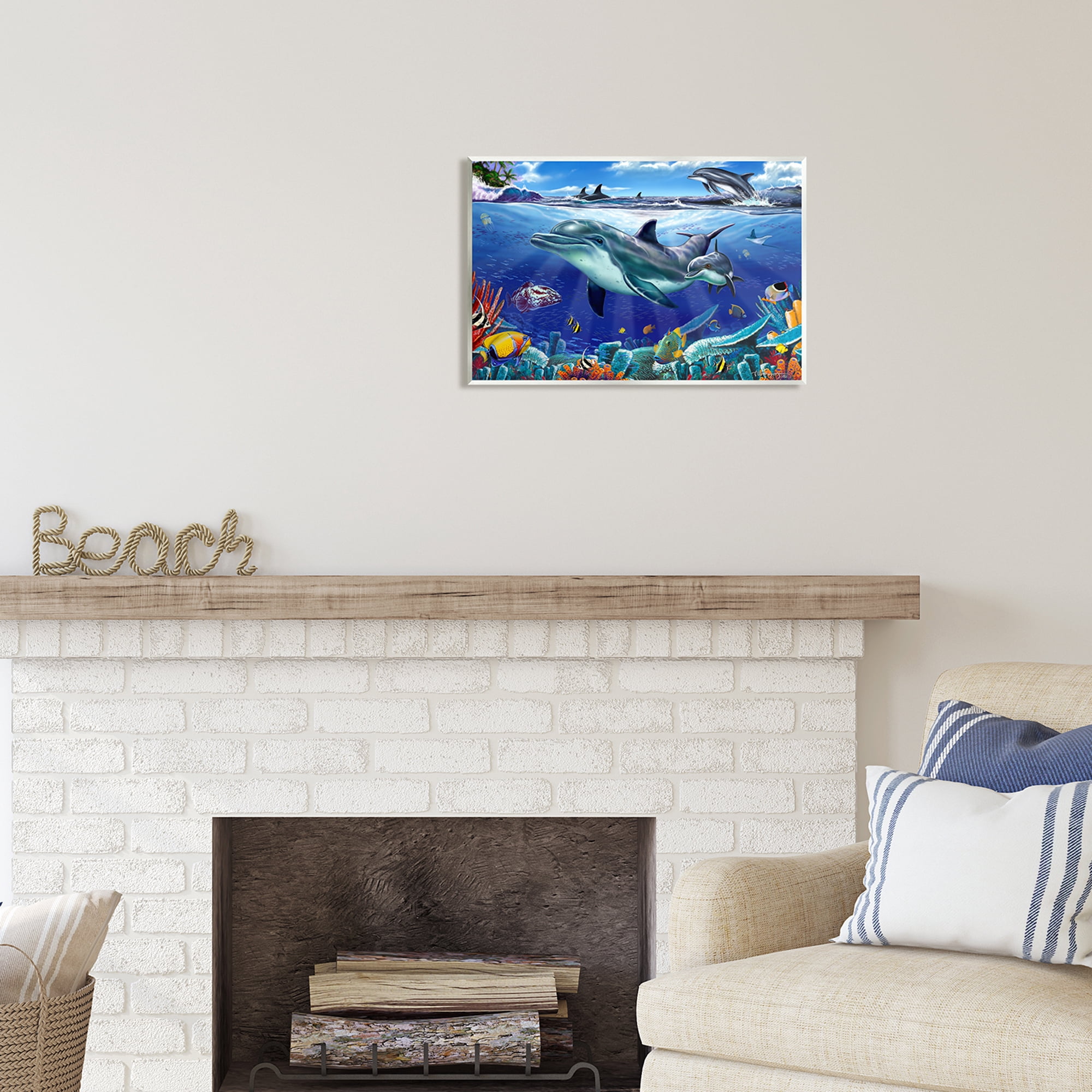 Stupell Industries Dolphins Swimming Bold Coral Reef Coastal Painting Unframed Art Print Wall Art