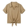 thumbnail image 5 of Ecqkame Womens Summer Tops Short Sleeve Cotton Linen Turndown Collar Tie Hem Shirts Casual Solid Color Lightweight Pullover Blouses Khaki XXXL, 5 of 5