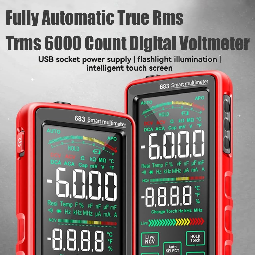 True RMS 6000-Count Digital Voltmeter, Fully Automatic True rms TRMS 6000 Count Digital Voltmeter Auto-Range, NCV Detection, Capacitance & Temperature for Home Automotive Electrical Repairs (RED)