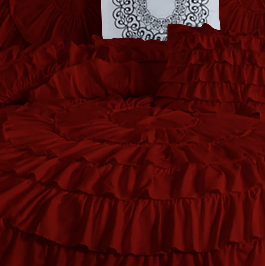 D.N.G. BEDDINGS 100% Egyptian Cotton 3 Piece Circle Ruffle Comforter Set with 1 Freebie Ruffle Pillow | 550 GSM Filled Microfiber - King/Cal-King Size, Burgundy Color - 800 Thread Count