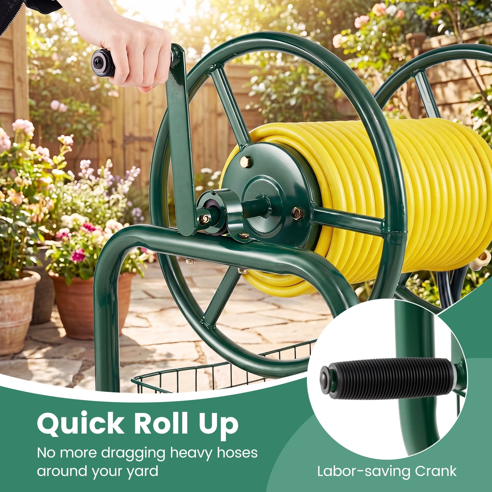 Costway Garden Hose Reel Cart with 4 Wheels, Storage Basket, 300 FT of 5/8” Large Capacity Green