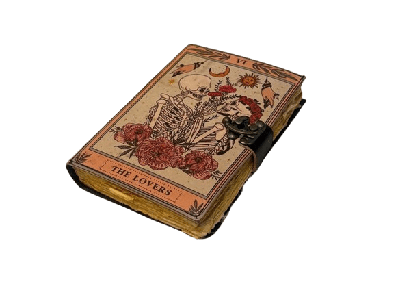 Handmade Leather Tarot Journal – 5x7 Inch Vintage Notebook with “The Lovers” Design, 200 Handmade Paper Pages, Antique Clasp