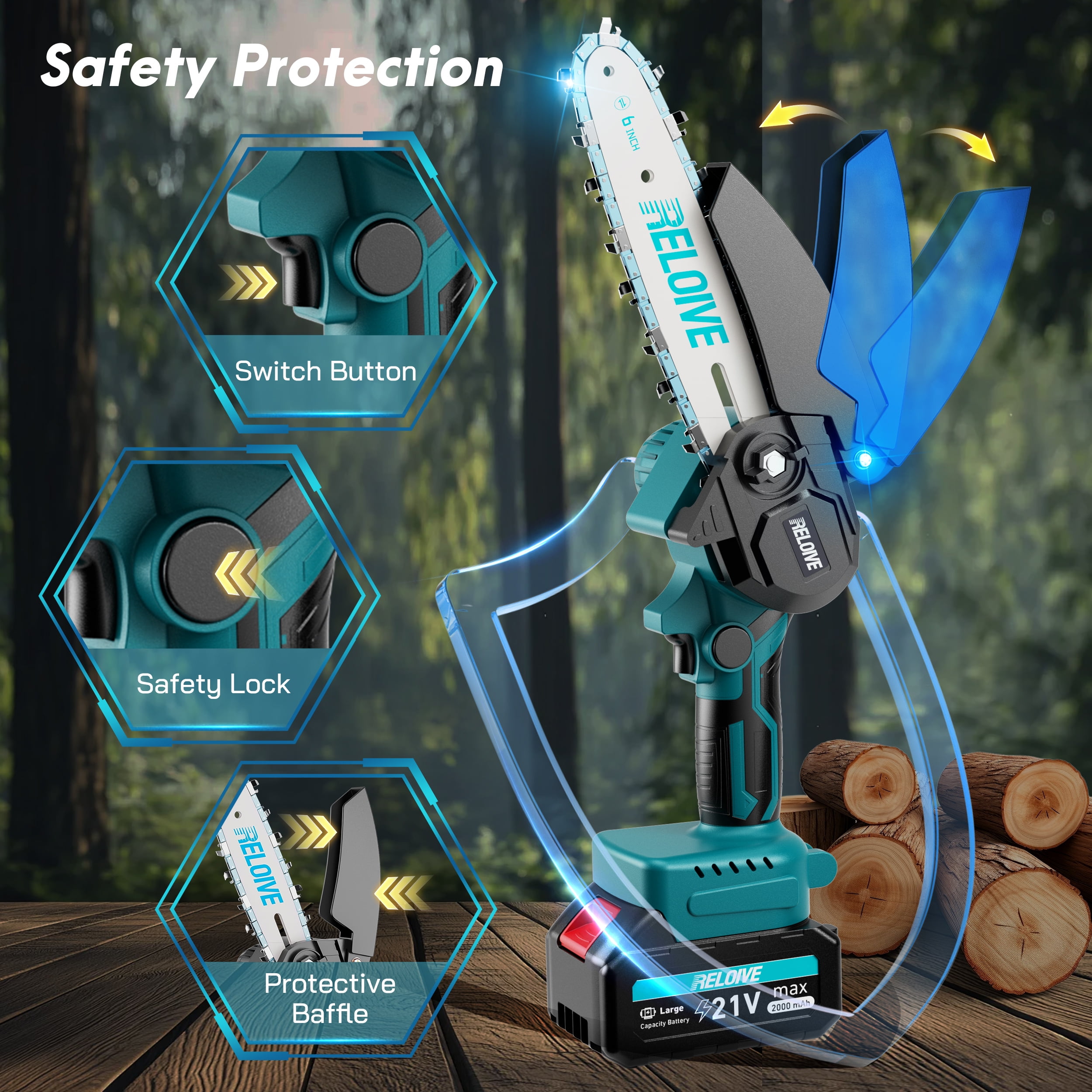 RELOIVE 6 in Mini Chainsaw with 2PCS 2.0 Ah Batteries 3 Chains,Cordless Small Handheld Chain Saw for Wood Cutting Tree Trimming
