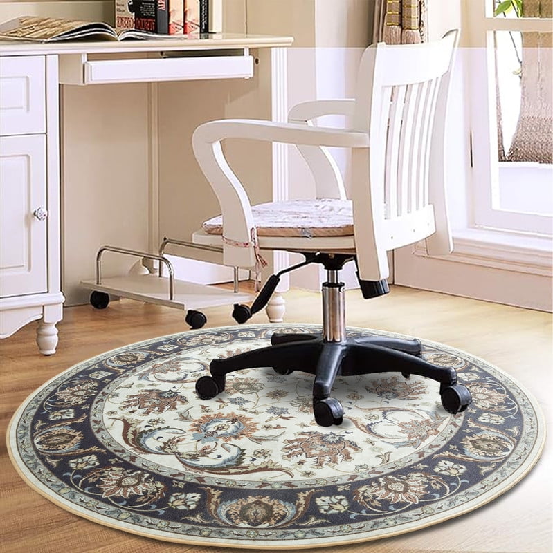 Jamfeel Round Rugs Vintage Print Low Pile Non-slip Circle Carpet Indoor Area Rug for Living Room Nursery, 6ft, Cyan