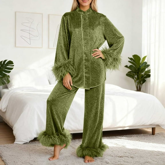 Pajamas for Women Fuzzy Feather Trim Long Sleeve Button-Down Tops Pants Womens 2 Piece Lounge Sets Matching Pajamas
