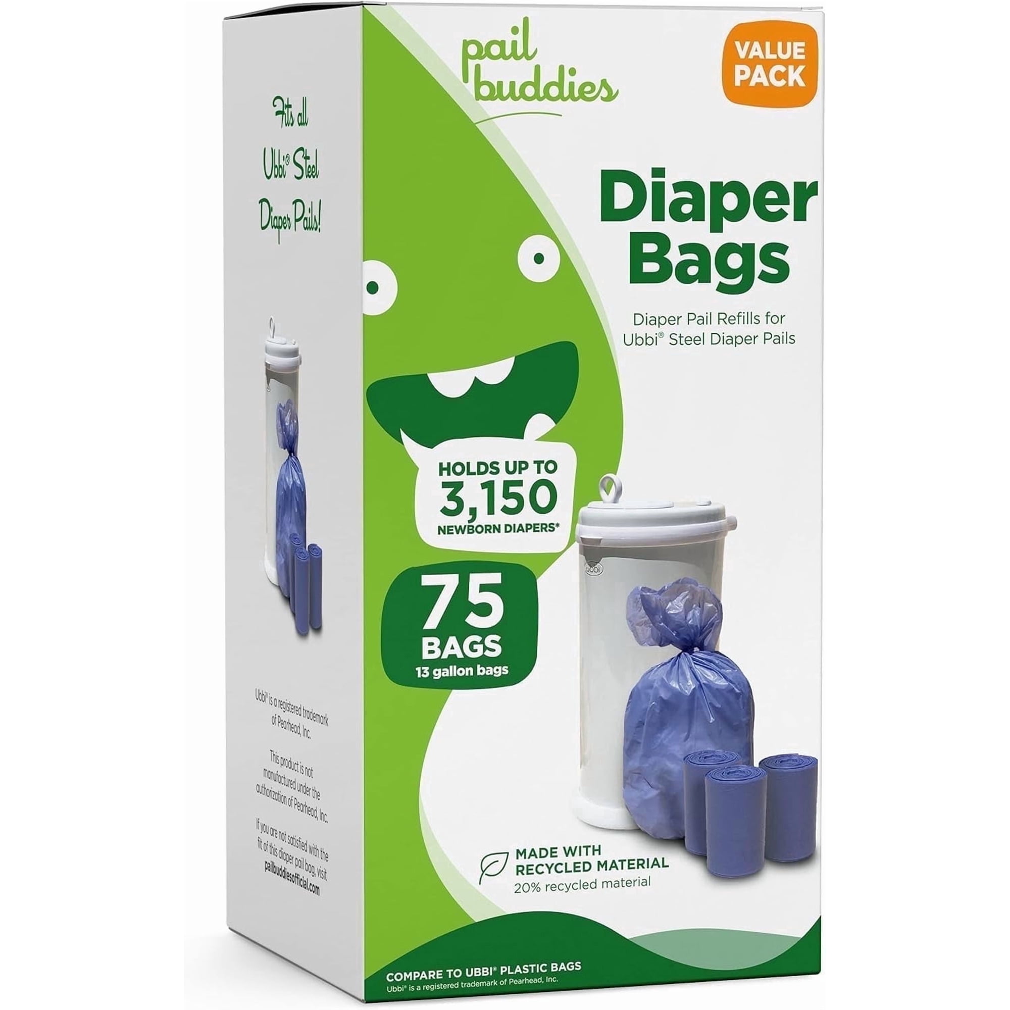 Pail Buddies Diaper Bags, 75 Count, Fresh Powder Scent, Compatible with Ubbi Diaper Pail, Made with Recycled Material, 13 Gallon Capacity, Strong and Durable