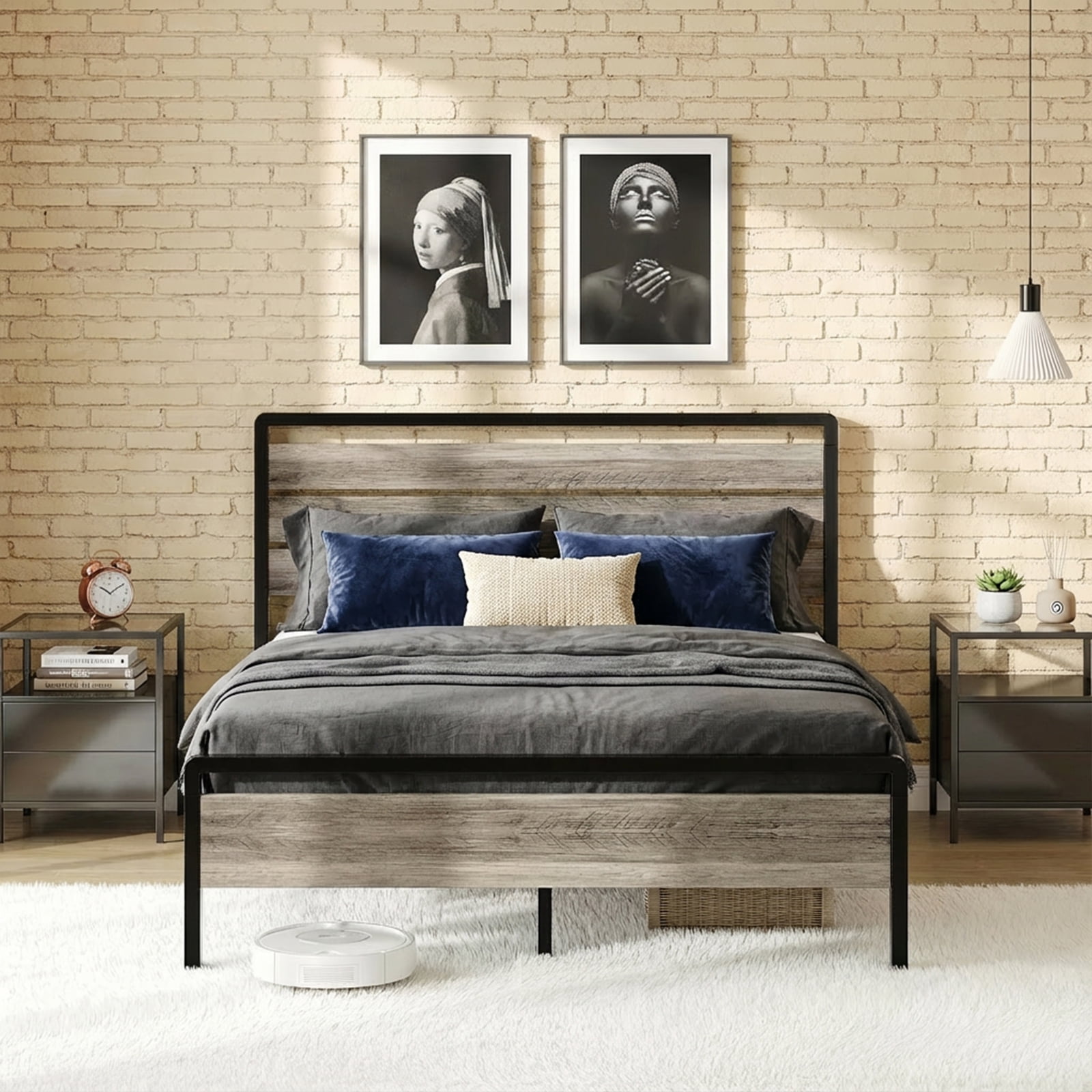 Ktaxon King Bed Frame with LED Headboard & Footboard, Metal Platform Bed with Charging Station, Gray