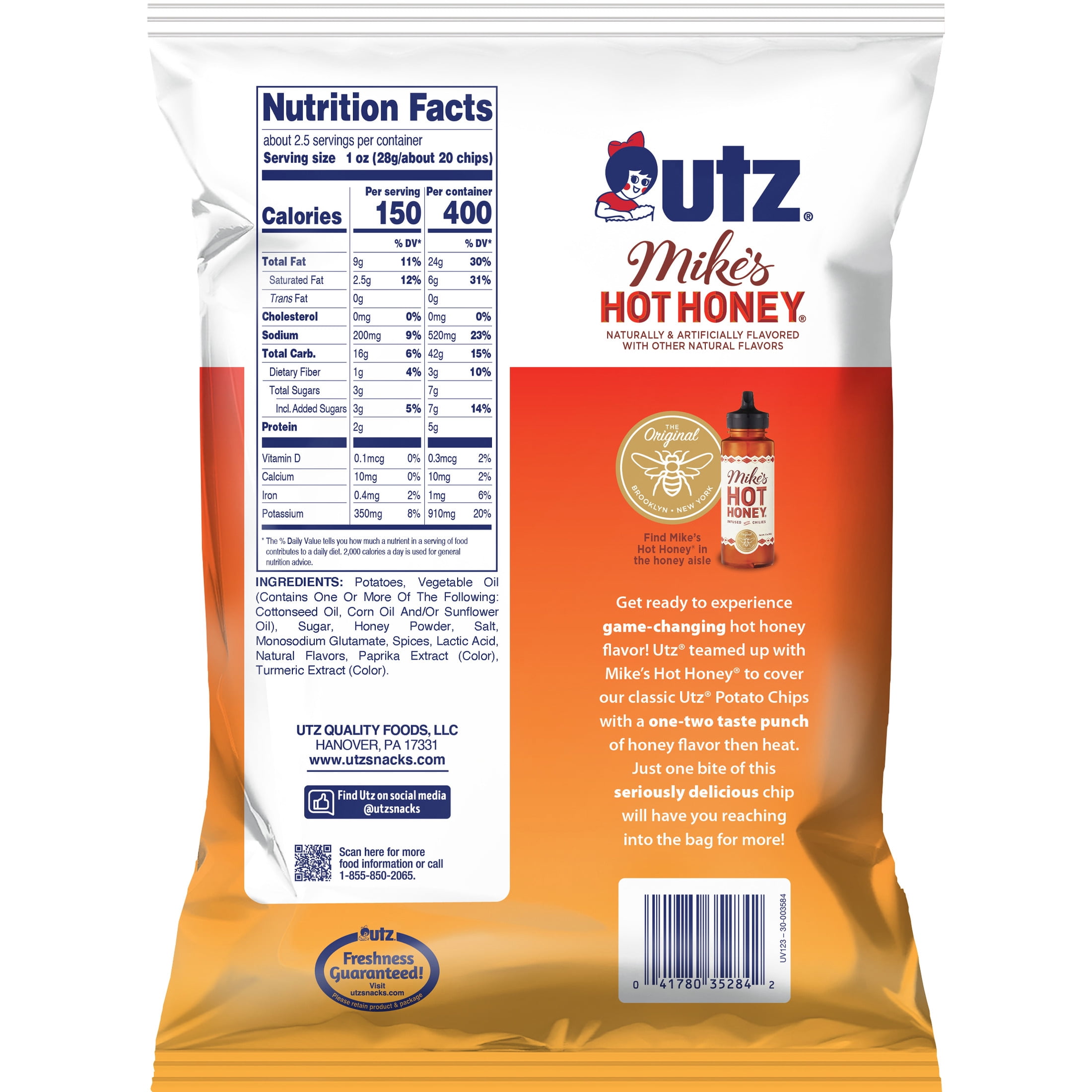 Utz, Hot Honey, Potato Chips, 2.625 oz Bag