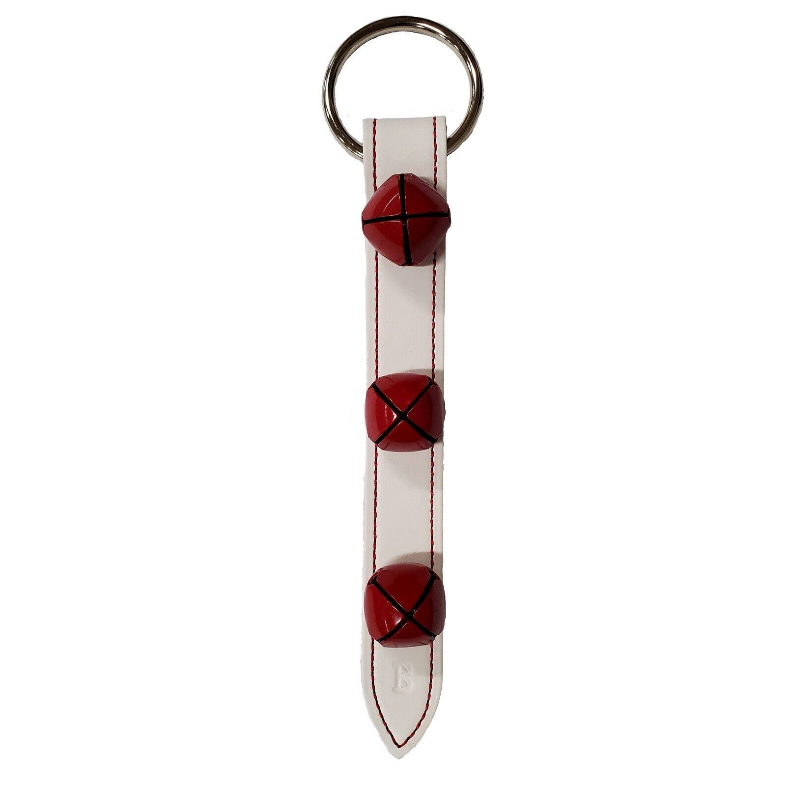 White Leather Strap with 3 Red Bells Sleigh Bell Door Hanger 12 Inch Made in USA