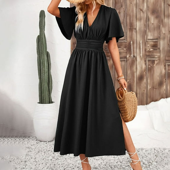 ZZwxWA Maxi Dresses for Women Trendy Elegant Short Sleeve V Neck Pleated Swing Flowy Dress Ruffle Tiered Smocked Long Dress Evening Dance Cocktail Party
