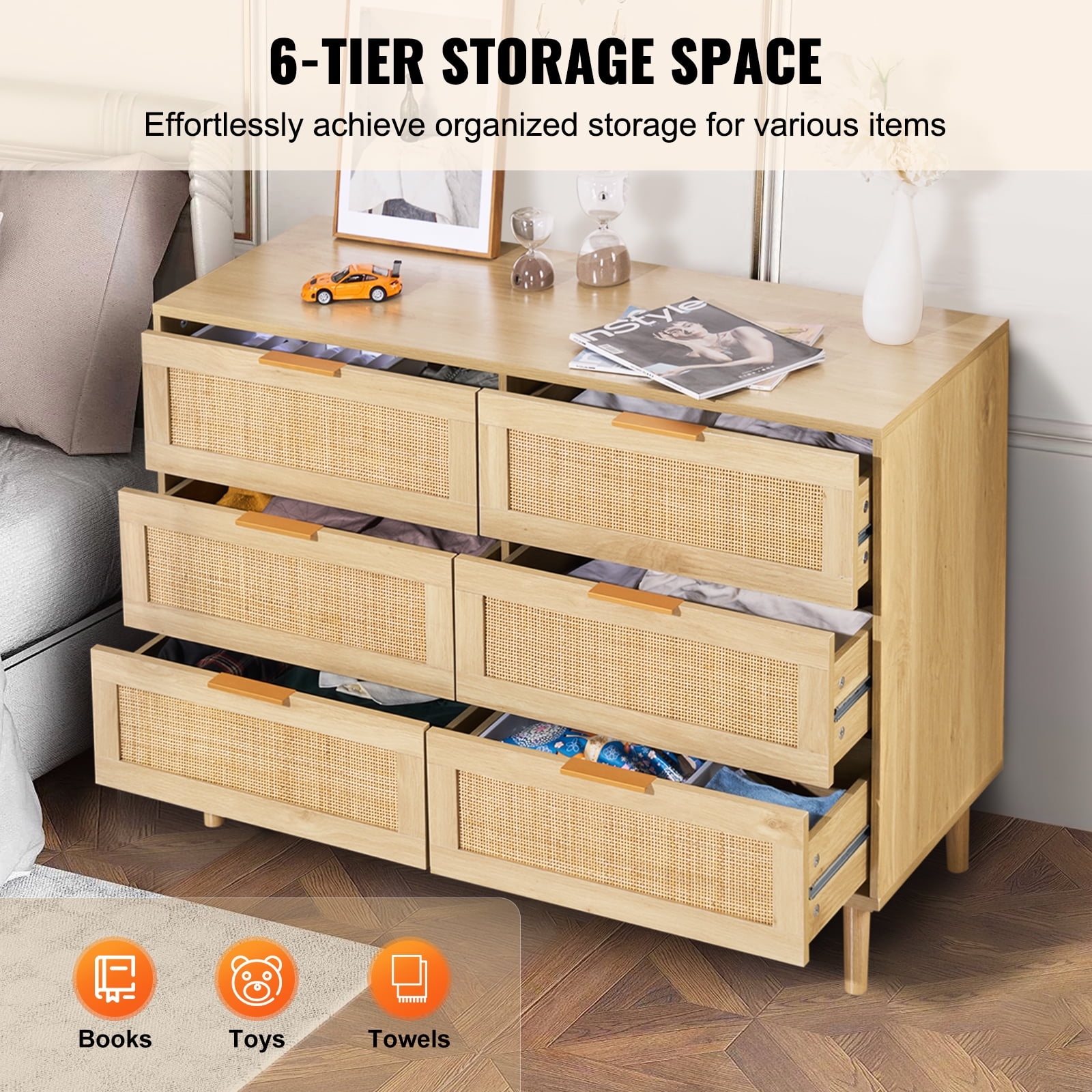 KFFKFF Rattan Dresser with Six Drawers, Contemporary Wooden Clothes Storage Unit & Bohemian Style Dresser, Equipped with Durable Handles & Legs, Ideal for Bedrooms, Living Spaces & Corridors