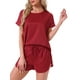 thumbnail image 1 of INSPIRAR CHIC Conjunto de Pijama de Satén de Seda para Mujeres, Top de Cuello Redondo con Manga Corta y Bolsillo Frontal, y Pantalones Cortos con Cuerda para Dormir S Rojo Oscuro, 1 of 5