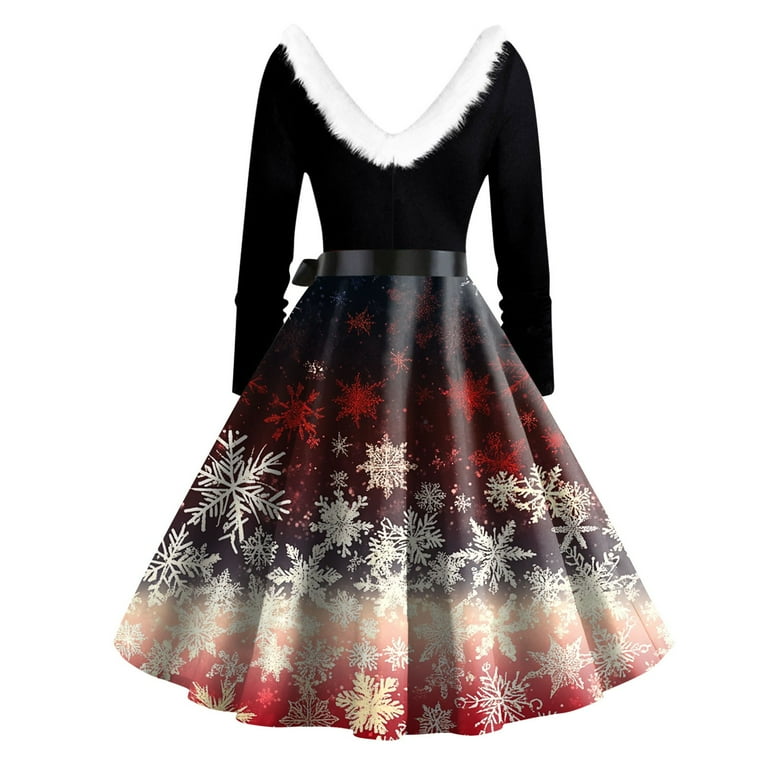 5xl christmas dress Christmas Dresses for Women Christmas Print Flare Dress For Women Long Sleeve Dress Hollow Party Casual Dresses with Round Neck for Christmas Party,Multicolor,5XL