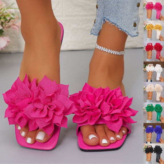 Women's 3D Floral Flat Sandals Dressy Square Open Toe Sandals Single Band Casual Slip on Slides Hot Pink