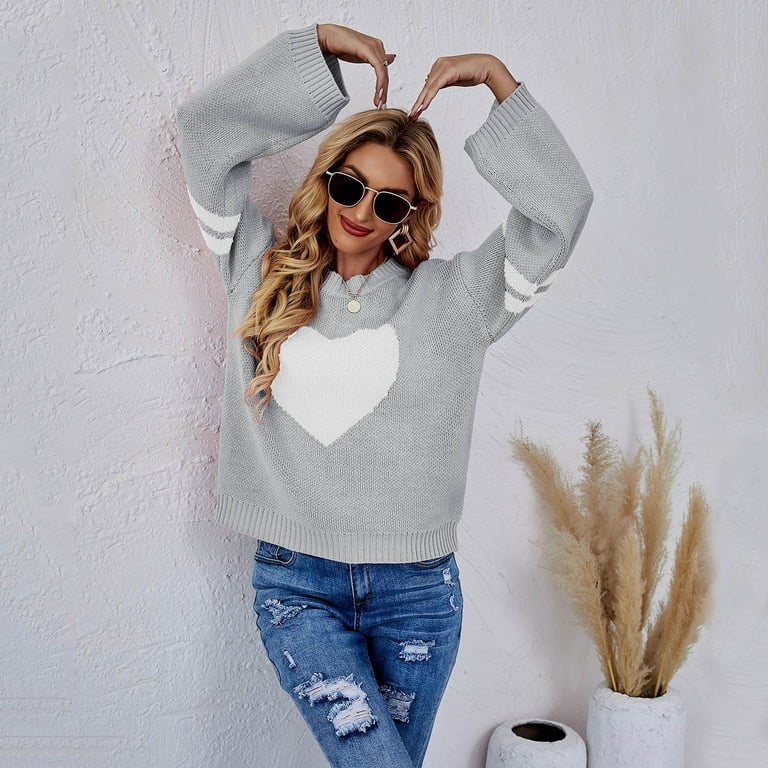 JDEFEG Clothes for Women Women Loose Round Neck Pullover Heart Long Sleeve  Knit Sweater Little Year Sweaters for Women Synthetic Fiber Grey Xl
