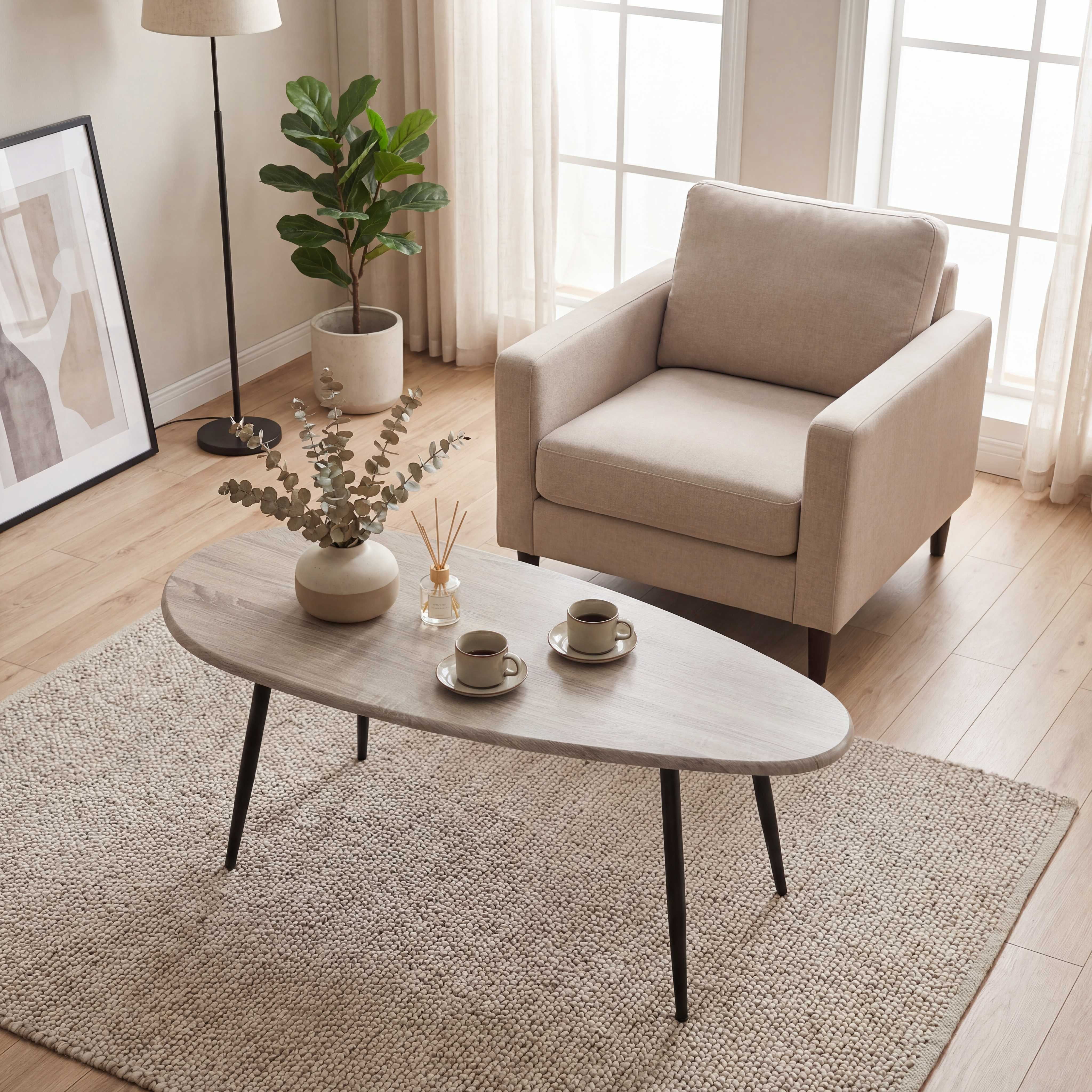 ELLEGNT Oval Coffee Table,Mid-Century Modern Center Table with Sturdy Metal Frame, Compact Retro Sofa Table for Living Room