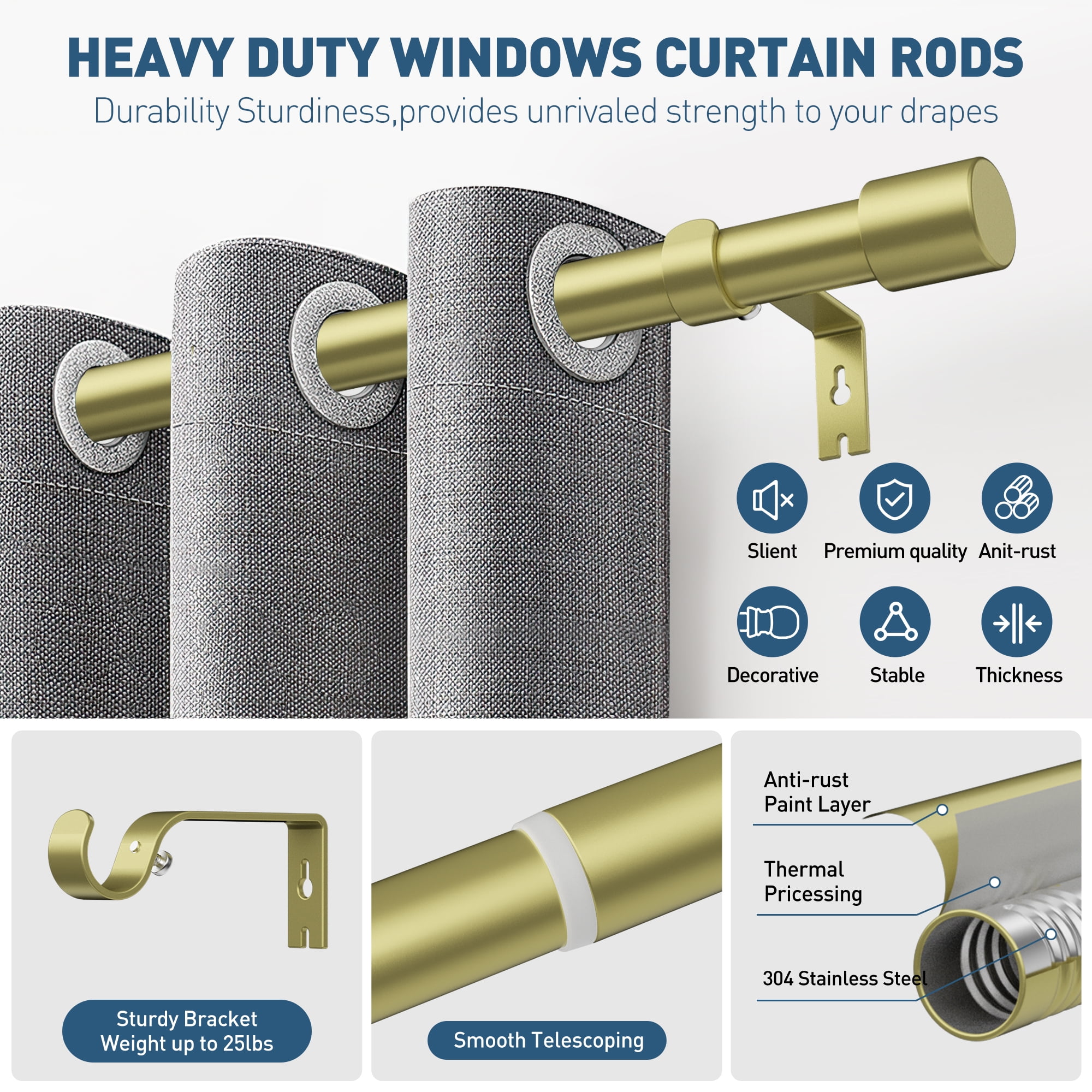 Gold Curtain Rods for Windows 48 to 144 inches, Adjustable Length Curtain Rod with Metal Finials, 1 inch Diameter Heavy Duty Drapery Rod for Modern Decor Bedroom Kitchen Living Room