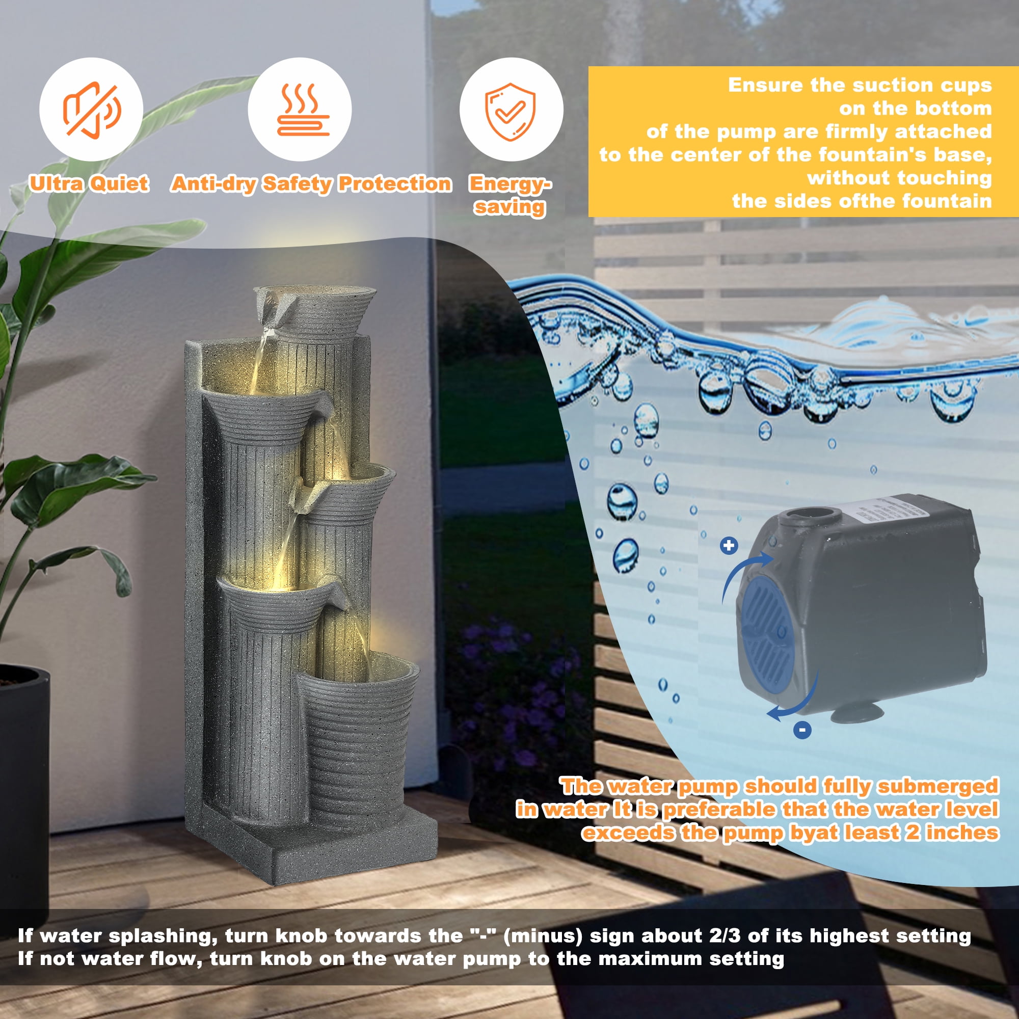 Magic Union Outdoor Water Fountain, 5 Tiers Cascading Waterfall Indoor Water Feature Garden Decor with LED Lights, Fountains Outside Patio Resin for Yard, Deck, Porch and Home, Bamboo Elements