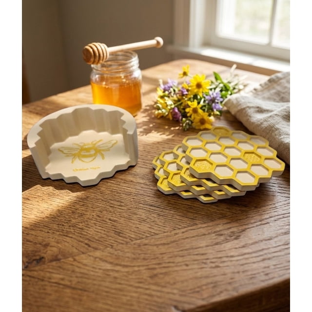 Portavasos panal de abeja amarillo de resina set 4 piezas decorativo