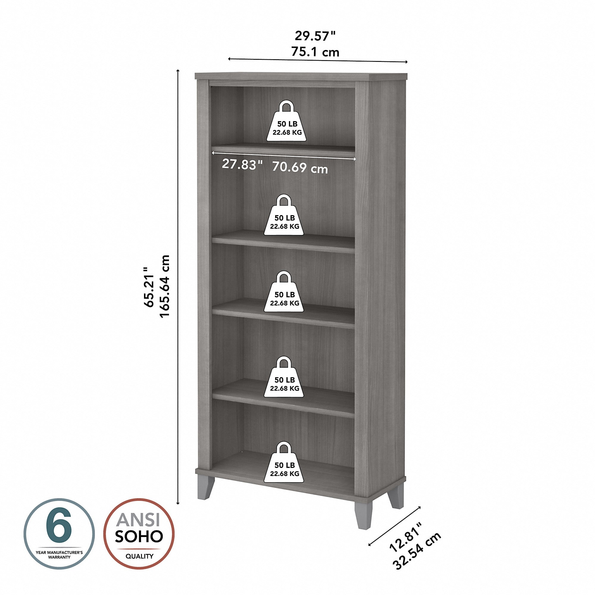 Bush Furniture Somerset Tall 5 Shelf Bookcase, Platinum Gray