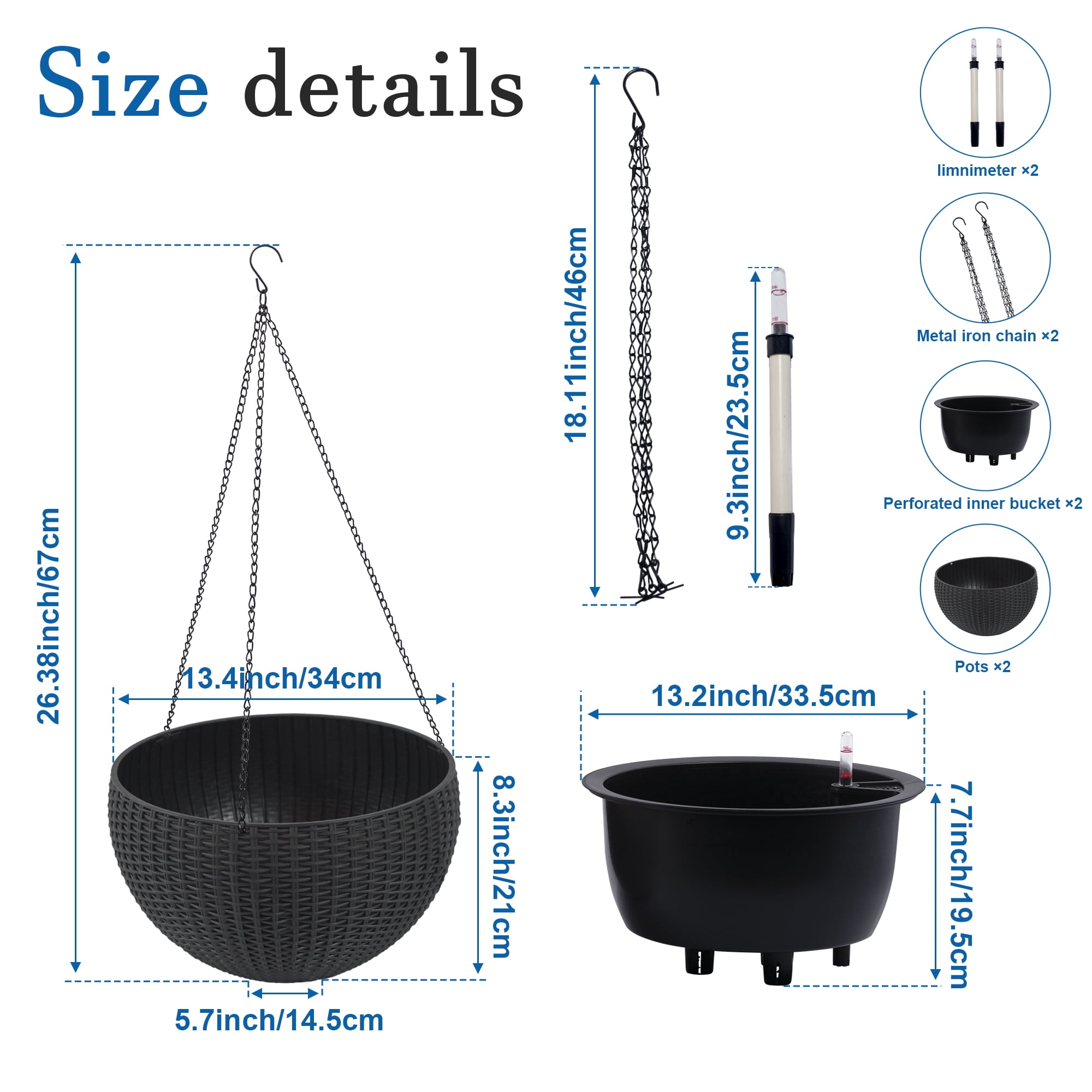 Vigo huseeo 2 Pack Large Self-watering Hanging Planters for Indoor & Outdoor Plants , Resin Rattan Pot for Home, Office and Garden, Black