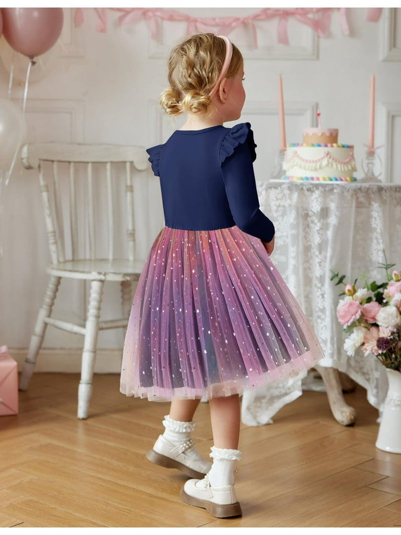 Oudiya Toddler Tutu Dresses Girls Long Sleeve Ruffle Fall Winter Holiday Star Sequin Tulle Dress 2-6y, Toddler Girl's, Size: 3T-4T, Blue Oudiya Toddler Tutu Dresses Girls Long Sleeve Ruffle Fall Winter Holiday Star Sequin Tulle Dress 2-6y, Toddler Girl's, Size: 3T-4T, Blue
