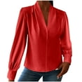 thumbnail image 2 of Delliss Women's Soft Satin Silk Shirt Pleated Long Sleeve Work Top Red XL, 2 of 7