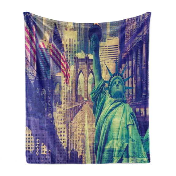 American Soft Flannel Fleece Throw Blanket, New York Landmarks Skyscrapers Brooklyn Bridge Statue of Liberty Flag Theme, Cozy Plush for Indoor and Outdoor Use, 60" x 80", Blue Red White, by Ambesonne