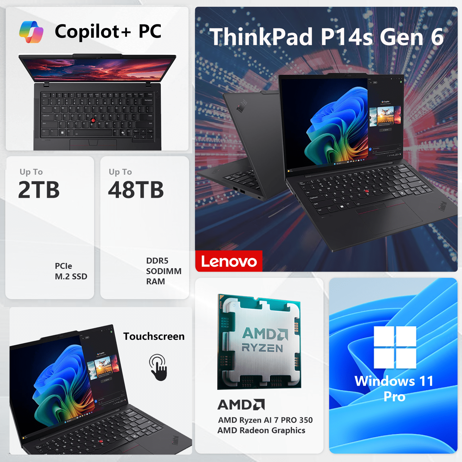 Lenovo ThinkPad P14 Business Laptop, 14" FHD+ Touchscreen, AMD Ryzen AI 7 PRO 350, 32GB RAM, 1TB SSD, W11P