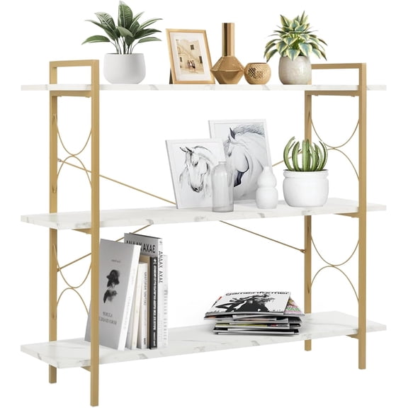 3 Tier Bookshelf, Modern Open Low 3 Shelf Bookcase,Small Book Shelves for Bedroom, Wood and Metal Display Shelves Storage Bookshelves,for Home Office,Living Room, Kitchen,White&Gold