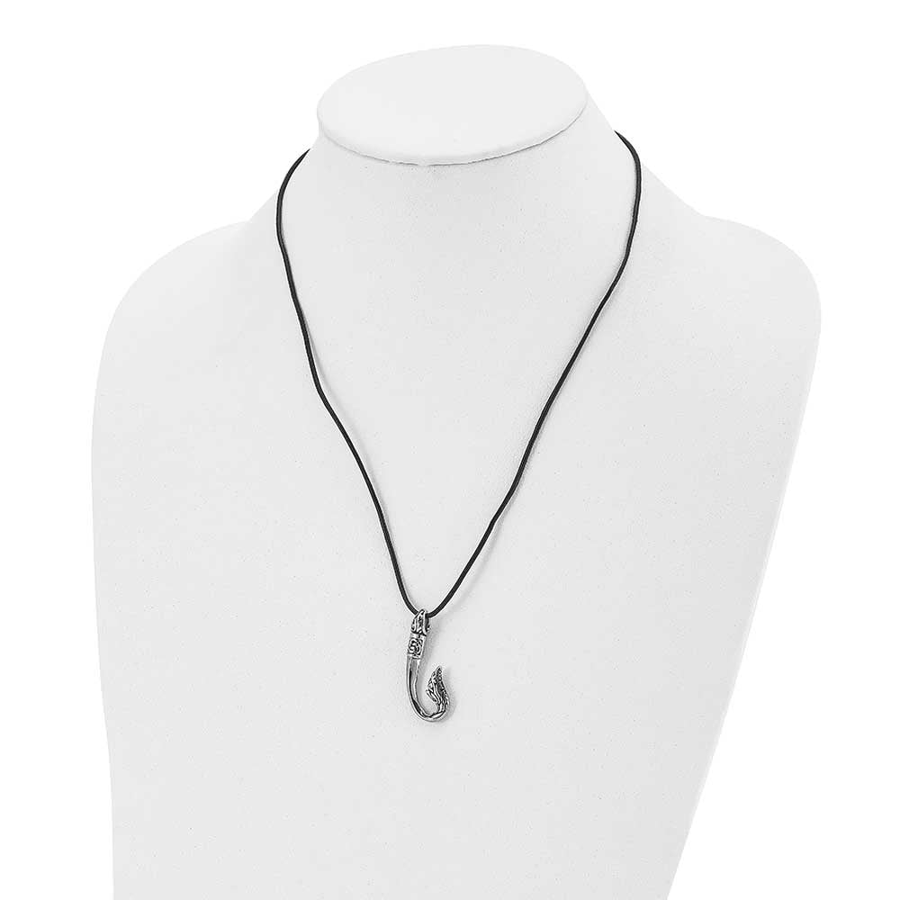 Chisel  Stainless Steel Antiqued and Polished Hook Pendant on a 20 inch Black Leather Cord Necklace