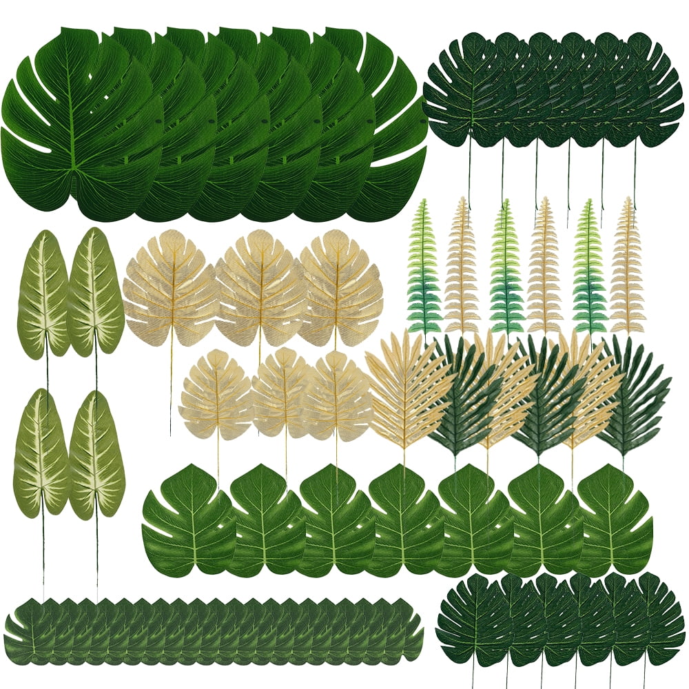 Auihiay 70 Pieces 10 Kinds Artificial Palm Leaves Tropical Leaves Decorations 