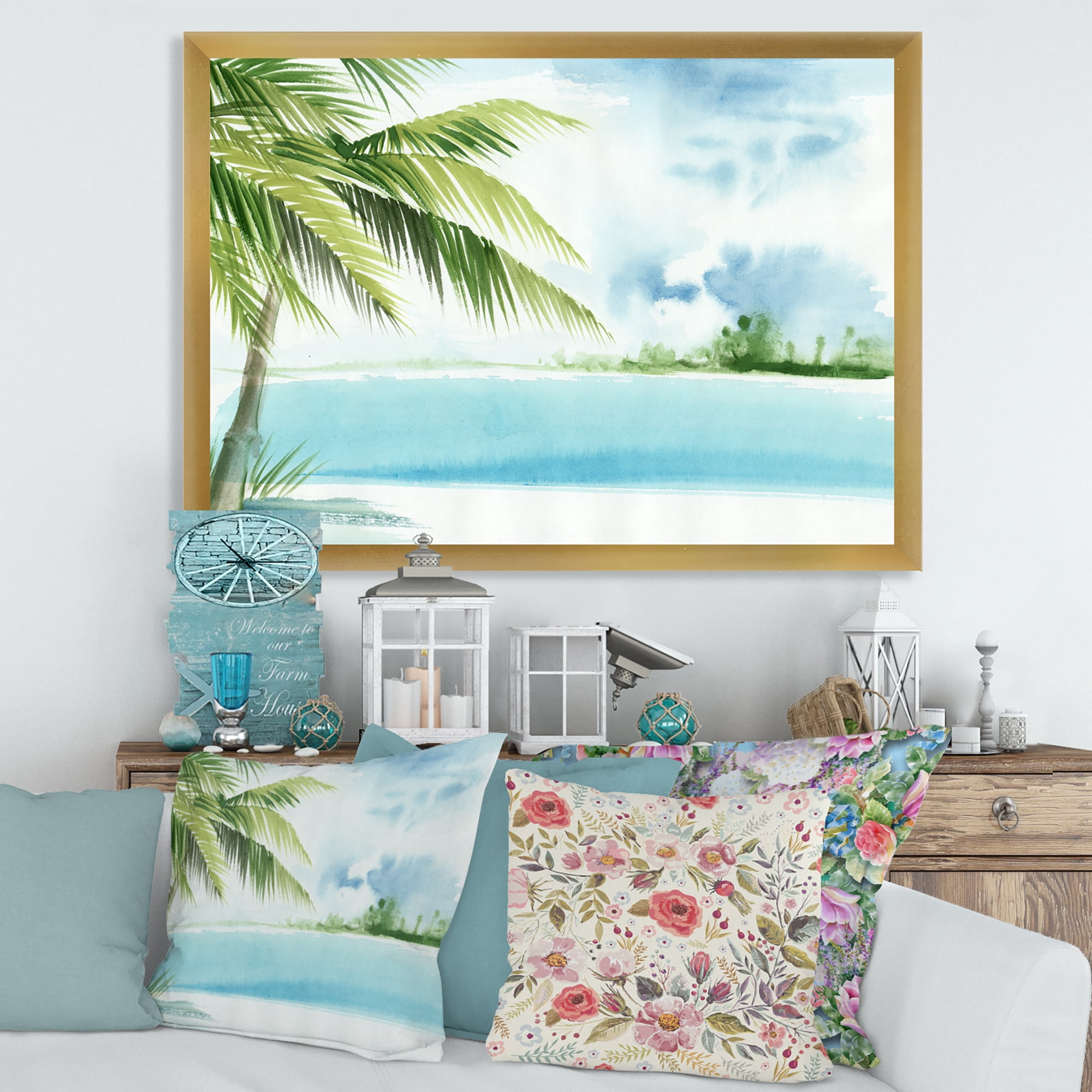 Designart 'Palm Beach Resort At Sunrise I' Nautical & Coastal Framed Art Print