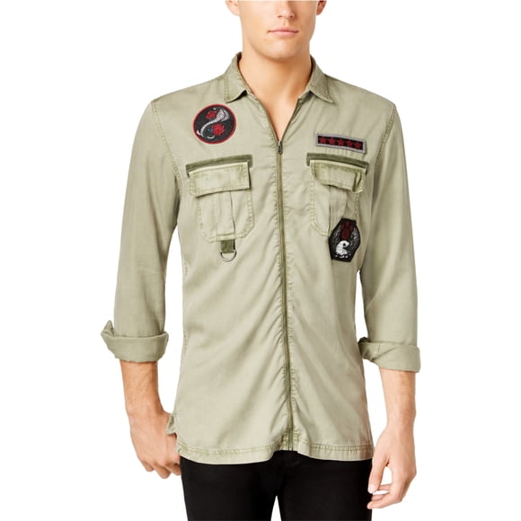 INC playera adornada con parche con cremallera frontal para hombre, verde, grande