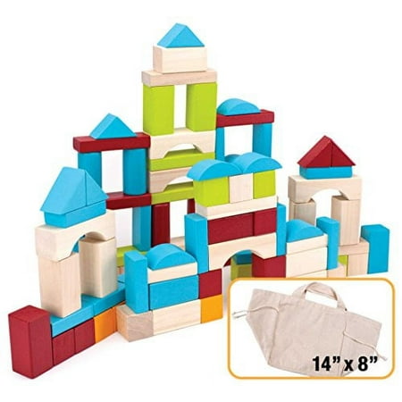 Imagination Generation 100-piece Natural Wood Building Blocks Set with Canvas Carry Bag