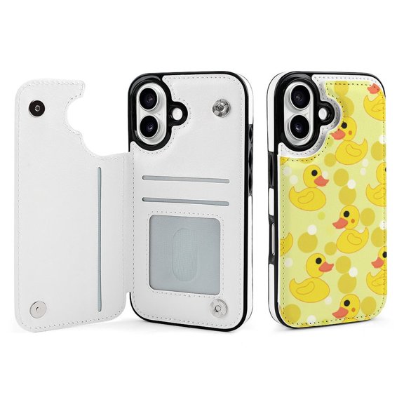 Compatible with iPhone 11 12 13 mini 14 15 16 Pro Max Plus Wallet Case with Card Holder, PU Leather Kickstand Card Slots Case ( Cute Rubber Duck, iPhone 16)