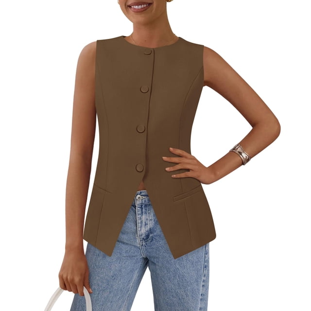 Chaleco PRETTYGARDEN para Mujer Sin Mangas con Botones Café XL