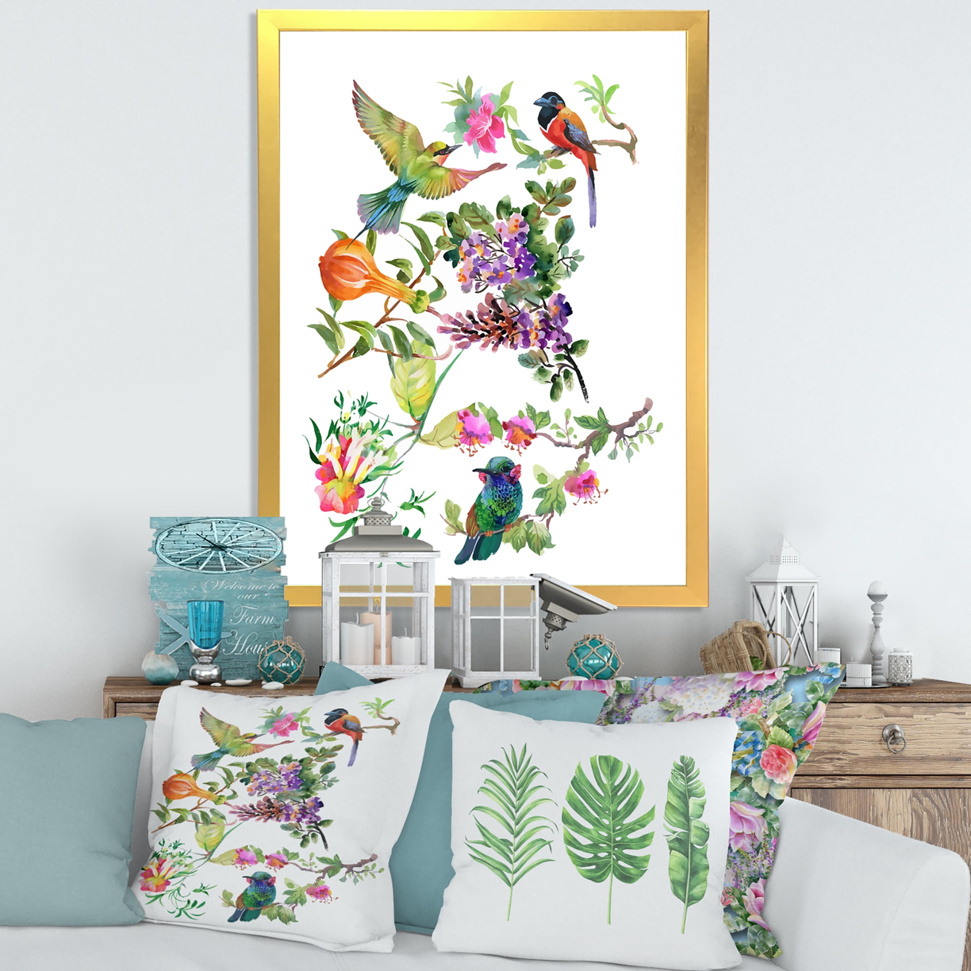 Designart 'Colourful Birds and Tropical Flowers II' Traditional Framed Art Print