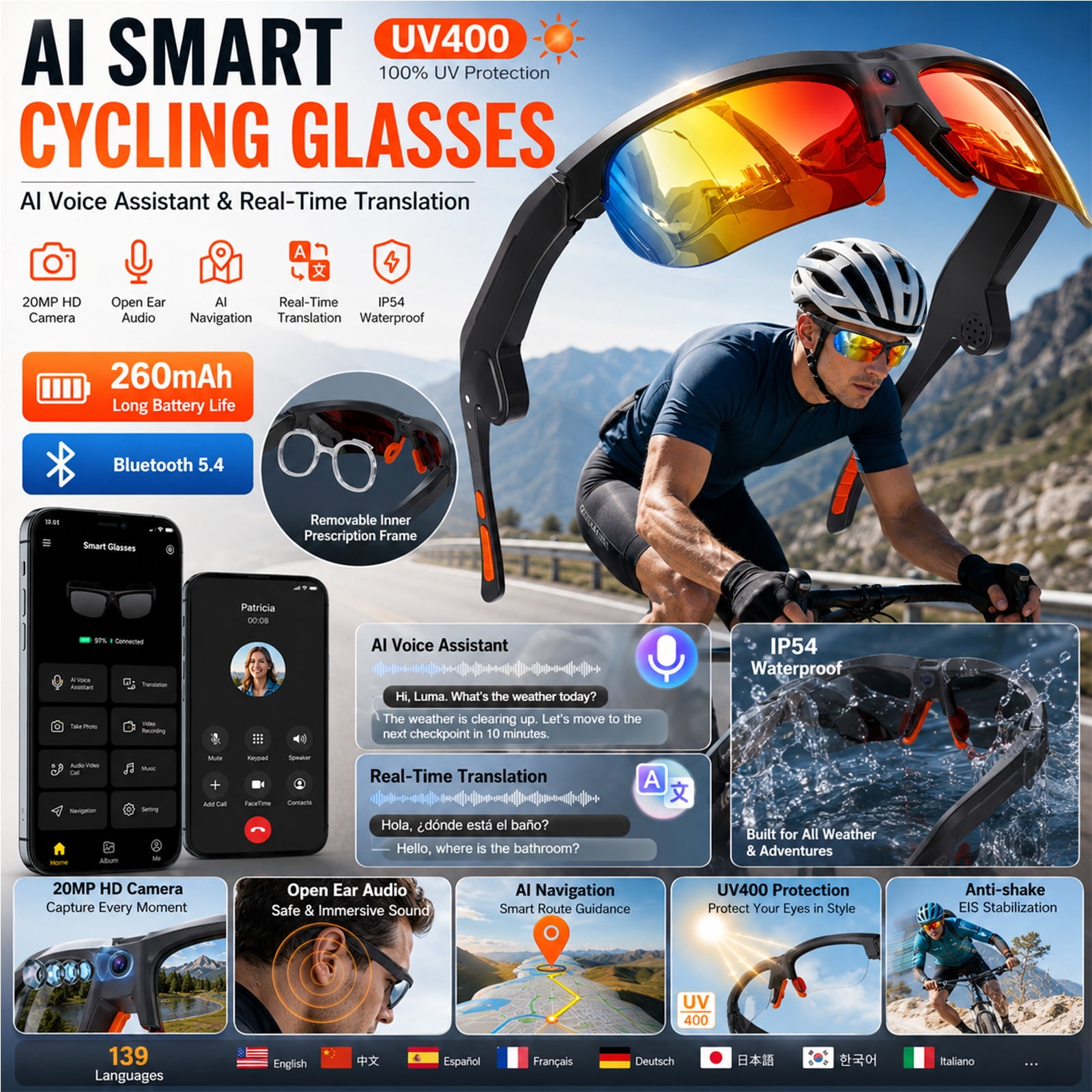 AI Smart Sports Glasses – 20MP Camera, EIS Video, Open-Ear Audio, Real-Time Translation, Photochromic UV400 Lenses for Cycling & Hiking, Red