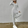 thumbnail image 3 of 2024 Women Two Piece Outfits Set Long Sleeve V Neck Slit Hem Tee Shirt High Waist Pants Tracksuit Dressy Pant Suits for Women Petite Pant Suits for Women Dressy Wedding Women's plus Suits Dressy Pant, 3 of 5