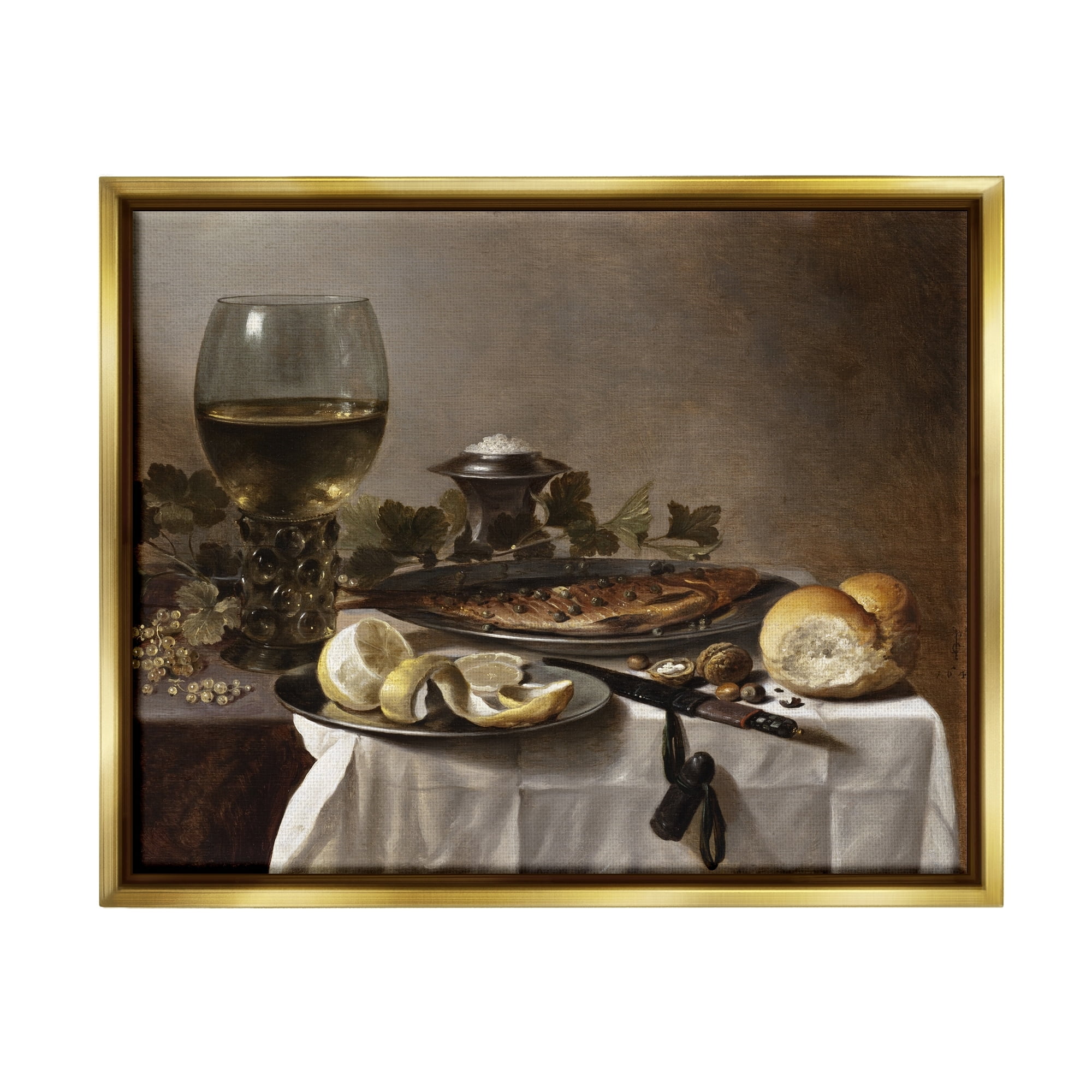 Stupell Industries Still Life with Herring Wine and Bread Pieter Claesz Painting Painting Metallic Gold Floating Framed Canvas Print Wall Art, Design by one1000paintings