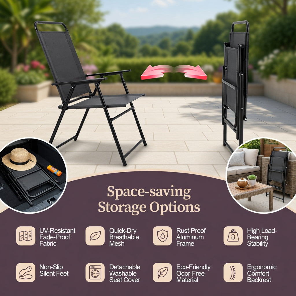 Hommoo 2-Pack Foldable Outdoor Sling Chairs with Armrests & Heavy-Duty Steel Frame, Easy-Store Patio Seating, Gray