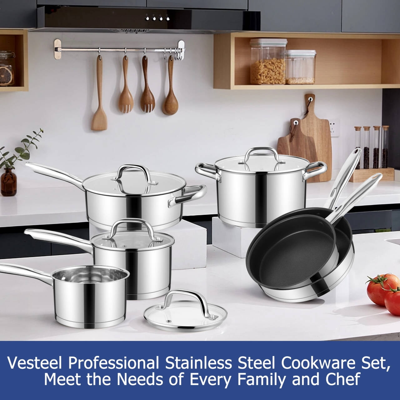 Vesteel 10 Pcs Stainless Steel Pots and Pans Sets, Kitchen Cookware Set of 6, Induction Cooking Pot & Saucepans with Lids, Nonstick Frying Pans & Saute Pan
