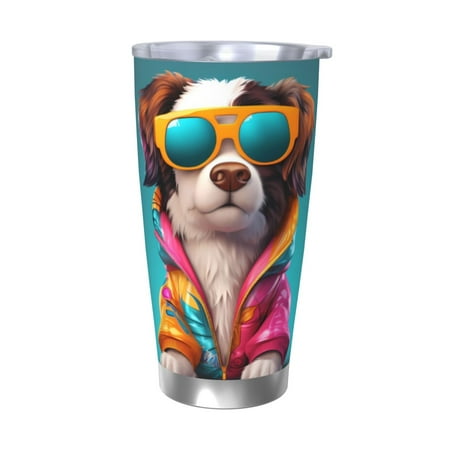 

Cauagu Colorful Sunglasses Dog Pattern 20oz Tumbler Stainless Steel Vacuum Insulated Tumbler with Lid Insulated Coffee Mug Thermal Cup with Splash Proof Sliding Lid-Without Straw