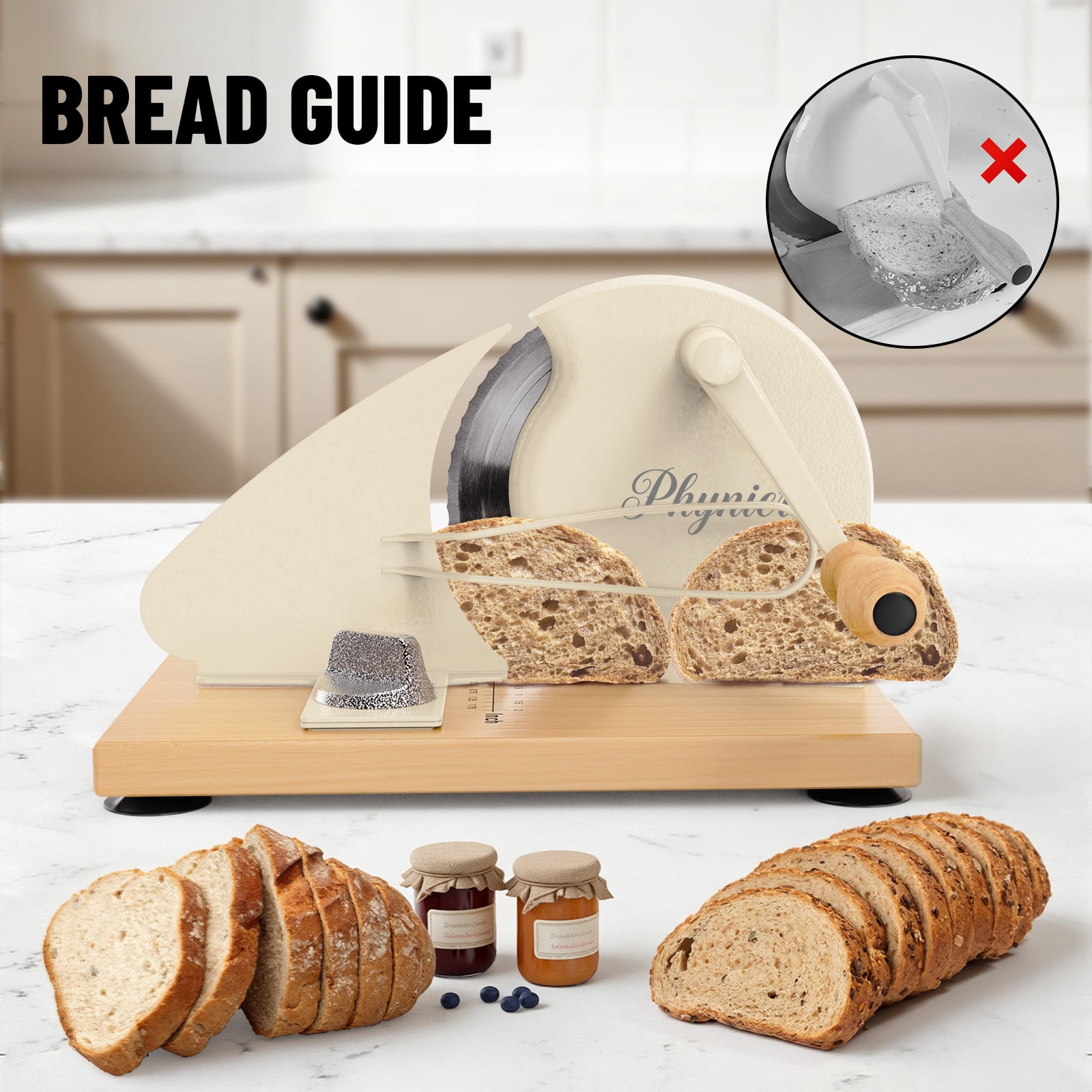 Upgrade Manual Bread Slicer for Homemade Bread, Sourdough Slicer with Hand Crank, Metal Guide Rail, Non-Slip Suction Base & Sharp Blade, Adjustable Thickness and Evenly Slicing