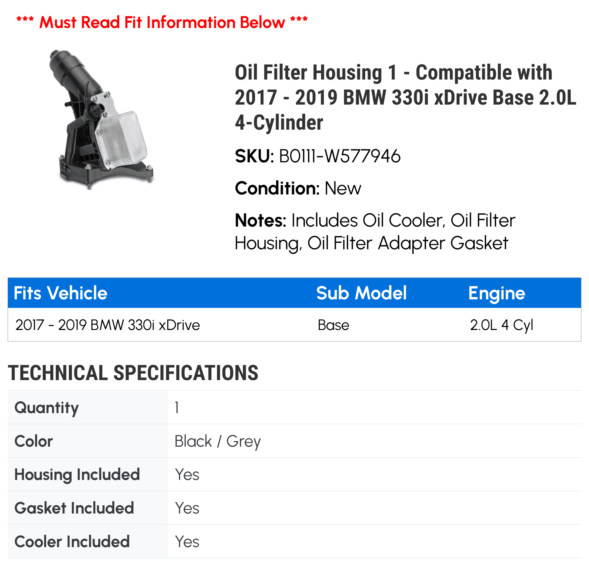 Oil Filter Housing 1 - Compatible with 2017 - 2019 BMW 330i xDrive Base 2.0L 4-Cylinder - Autopart Premium