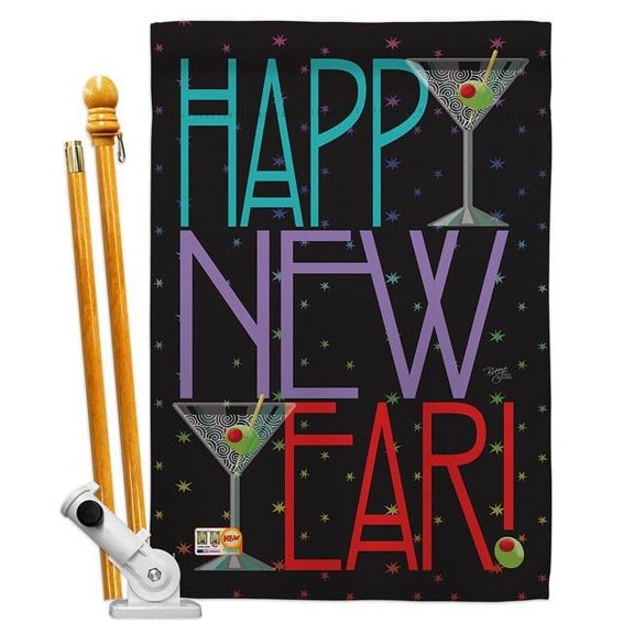 Breeze Decor BD-NE-HS-116009-IP-BO-D-US10-AM 28 x 40 in. New Year Martini Winter Impressions Decorative Vertical Double Sided House Flag Set & Pole Bracket Hardware